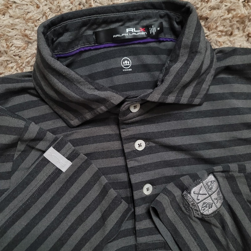 RLX Ralph‎ Lauren Mens M Wicking Gray Striped Biltmore 1926 Short Sleeve Golf